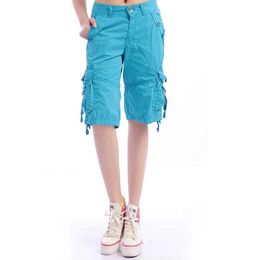 Women's Knee Length Capri Cargo Pants Multi-pockets Outdoor Casual 5-points Denim Trousers For Travel Combat Pants Plus Size Q0802