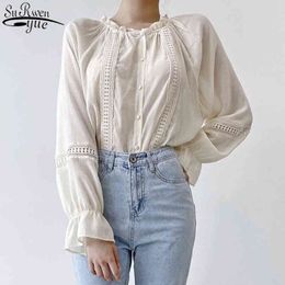 Sweet Flare Sleeve Apricot Colour Casual Shirts Women Autumn Ruffled Round Neck Lace Long Women's Blouse 11450 210427