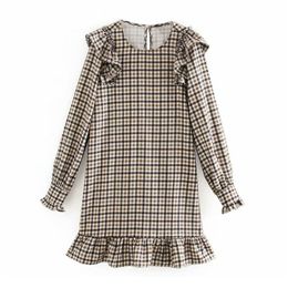 Elegante mini abito scozzese classico arruffato a scacchi dritto manica lunga stile preppy femminile dolce es vestidos 210430