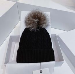 Black Cable Knit Wool Beanie with fur pom pom Beanie/Skull Caps Sport Hats Winter Ski Cap Hat Women