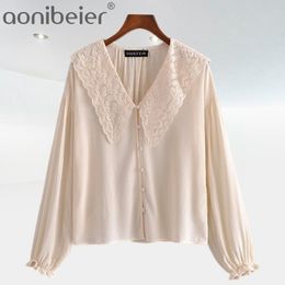 Women Embroidered Lapels Summer Blouse Puff Long Sleeve Vintage Shirts Fashionfront Button Slim Embroidery Top 210604