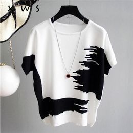 Summer Women Sweater Pullover thin Rib Knitted pull femme Tops patchwork o Neck Essential Jumper Short Sleeve sueters de mujer 210812