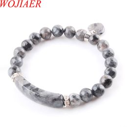 WOJIAER Natural Stone Beads Spectrolite Strand Bracelets & Bangles Heart Shape Charm Fitting Women Jewellery Love Gifts K3323