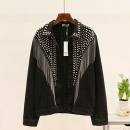 Spring Denim Jacket Women Rivet Tassel Chain Short Coats Woman Loose Beaded And Diamond QV1594 210510