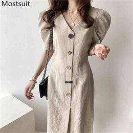 Summer Korean Linen Single-breasted Dress Women Puff Sleeve V-neck Belted Vintage Elegant Dresses Fashion Ladies Vestidos 210513