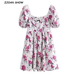 Sweet Pink Flower Print Puff Short Sleeve Mini Dress White Women Back Zipper Ball Gown Party Dresses With Lining Vestido 210429