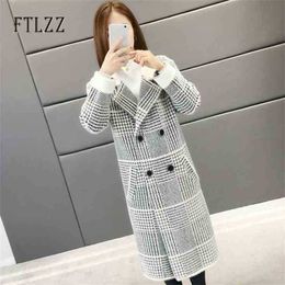 Fashion Female Casual Thickening Plaid Plus Size Mink Velvet Overcoat Winter Medium Long Double-breasted Blend Coat 210525