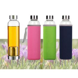 22oz Glass Water Bottle BPA Free High Temperature Resistant Glass Sport Water Bottle With Tea Filter Infuser Bottle Nylon Sleeve 5 colors DH9580