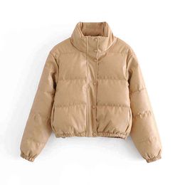 Ailegogo Women Autumn Winter Faux Leather Cotton Coat Stand Collar Zipper Loose Warm Short Parka Streetwear Black Jacket 211130