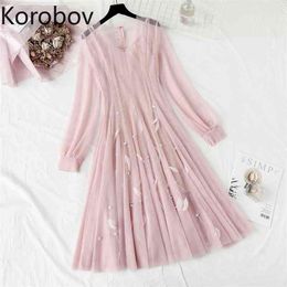 Korobov Summer Chic Sweet Mesh Dress Korean Feather Embroidery A-Line Long Sleeve Dresses Party Night Vestidos Mujer De 210430