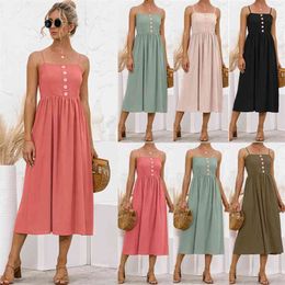 Spaghetti Strips Sleeveless Pure Colour Maxi Dress For Women Summer Sexy Sling Backless Button Robes Femme 210517