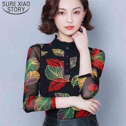 Korean Slim Shirt Sexy Mesh Top Long Sleeve Women Print Turtleneck Tops Blusas Mujer De Moda 7495 50 210506