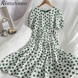 Kimutomo Casual Wave Dot Dress Women Colour Contrast O-neck Short Puff Sleeve Slim Waist Ruffles Bandage A Line Vestidos Elegant 210521