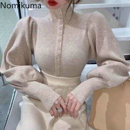 Nomikuma Fashion Puff Sleeve Sweater Women Autumn Winter Basic Knitted Pullover Jumpers Turtleneck Korean Style Ropa Mujer 210514