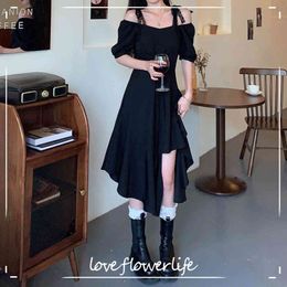 Dress Korean Elegant Vintage Dresses Woemn Casual Short Sleeve Black Midi Dess Design One Shoulder Summer Y2K 210521