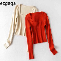 Ezgaga Knitted Sweater Women Autumn New Square Collar Long Sleeve Pullover Base Solid Inside Office Lady Thin Slim Vintage Red 210430