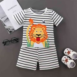 Summer Children Sets Fashion Boys Short Sleeve O Neck Print Cartoon T-shirt Pants Stripe Cute Girls Clothes 210629