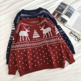 Women Oversized Pullover Sweaters Autumn Winter Cute Fawn Argyle Sweater Woman Long Sleeved Red Christmas Knitted Tops 210525