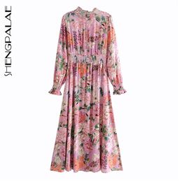 Pink Flower Printed Dress Women's Spring Round Collar Exotic Retro Long Sleeve Waist Elastic Maxi Dresses 5A729 210427