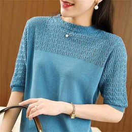 Thin Section Hollow Round Neck Sweater Female Striped Loose Solid Colour Short Sleeve Knitted Pullover Women Spring 210427