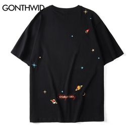 GONTHWID Embroidery Planets Stars Tees Shirts Streetwear Harajuku Casual Short Sleeve Tshirts Mens Hip Hop Fashion Summer Tops 210329