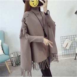 Turtleneck Cloak Sweater Fashion Plaid Knitting Poncho Batwing Sleeve Swing Tassel Hem Wrap Women 210427