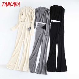Tangada Women Solid Knit Tracksuit Sets O Neck Slim Crop Tops Waist Strethy Wide Leg Pants 2 Pieces Sets 2H4 210609