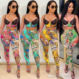 Women Two Piece Pants Designer Tracksuit Sexy Sleeveless Crop Tops Lace Stitching Milk Silk Printed Leggings Sweatsuit S-XXL