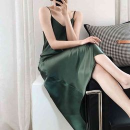 Summer New Arrive Women Satin Camis Sexy Dress A-line Solid Sleeveless Mid-calf High-waist V-neck French Bottoms 201025