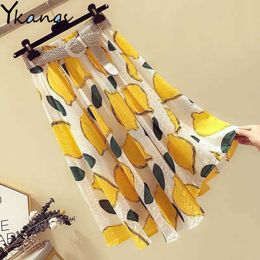 Plus Size Women Summer Cotton Beach Casual Skirt Lemon Print Pleated Long Skirt with Belt Ladies Elastic High Waist Midi Skirt 210619