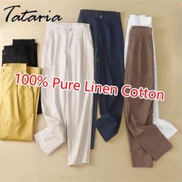 Women's 100%Pure Linen Cotton Pants Vintage Casual Waisted Classic Harem for Women Summer White Calf-length Trousers 210925