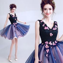 Short Homecoming Dresses Bule Beaded Petal Backless Design Lace-up Hand Made Flowers Sweety Princess Evening Dress M161