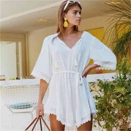 V-neck Tassel Tunic Beach Dresses Summer Half Sleeve Loose Lace Patchwork Short Women Boho White 210604