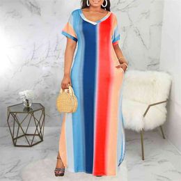 Print Large Size Women Dresses Short Sleeves Colour Block Stylish 4XL 5XL Loose Long Split Casual Sundress Summer Fashion 210527