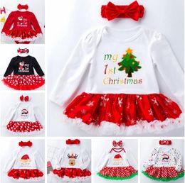 Christmas Baby Rompers Infant Girls Dresses Romper Headband 2pcs Set Letter Newborn Baby Jumpsuits Long Sleeve Babe Climbing Clothes DW4319