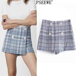 Blue Tweed High Waist Bermuda Shorts Woman Spring Vintage Double Breasted Wide Leg Skort Women Casual 210519