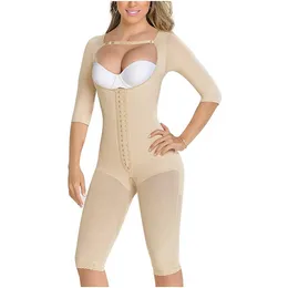 Women's Shapers Knee Length Shaping Bodysuit Sleeves High-Back Recovery Compression Garment Shapewear With Straps Fajas Colombianas