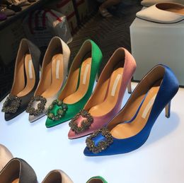 2022 Nuevo Verde Mercerized Denim Zapatos de boda de plata Rhinestone Tacones altos zapatos para mujer Boda zapatos nupciales 35-42 sin caja