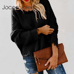 Jocoo Jolee Women Sexy Long Sleeve V Neck Solid Backless Loose Sweater Fashion Autumn Crop Tops Knitted Pullover Jumpers 210619