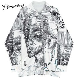 Yitimuceng Printing Tie Dye Blouse Women Button Shirts Loose Spring Fashion Neck Long Sleeve Single Breasted Tops 210601