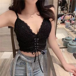 Summer Women Sexy V Neck Lace Strap Corset Tops Nightclub Solid Black Lace Up BacklTank Top Y2k Camis Crop Top for Women X0507