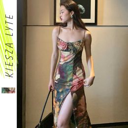 French Strap Floral Dress Summer Women Vintage Sexy Vacation Holiday Slit Party Dresses Beach Vestido 210608