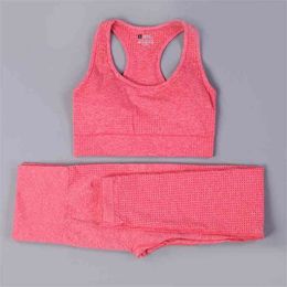 Seamless yoga set Women Fitness Sports Suits GYM Yoga Long Sleeve Shirts High Waist Running Leggings Workout Pants Female 210802