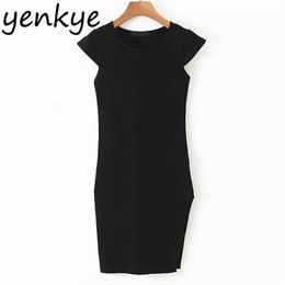 Vintage Solid Elastic Knit Dress Women O Neck Short Sleeve Hem Slits Sexy Romantic Female Night Out Summer Mini 210514