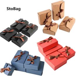 StoBag 10pcs Kraft Paper Business Gift Box With Bow Nougat Handmade Biscuit Box Christmas Candy Package Baby Show Party Supplies 210323