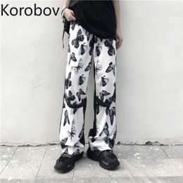 Korobov Summer New Vintage Women Wide Leg Pants Korean Butterfly Print Harajuku Trousers Streetwear Hit Color Patchwork Joggers 210430