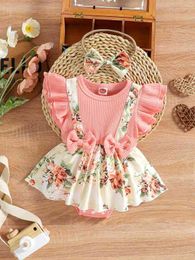 Baby Floral Print Ruffle Trim Bow Front 2 In 1 Combo Bodysuit Dress With Headband SHE