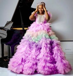 2021 Luksusowe sukienki z koralikami Flowed Girl Suknie Ball Suknie Eleganckie litltle dzieci urodziny konkurs