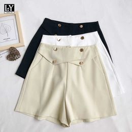 LY VAREY LIN Summer Women Casual Buttons Solid Colour White High Waist Zipper Fly Shorts Office Lady Slim Suit Wide Leg 210526