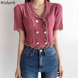 Knitted Double Breasted Crop Cardigan Women Summer Thin Short Sleeve Tops Korean Chic Fashion Casual Female Top 210519